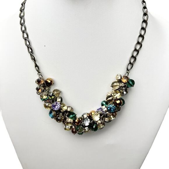 Loft Cha Cha Necklace Faceted Cluster Beads Colorful Layered Silver Tone Chain - Picture 12 of 16